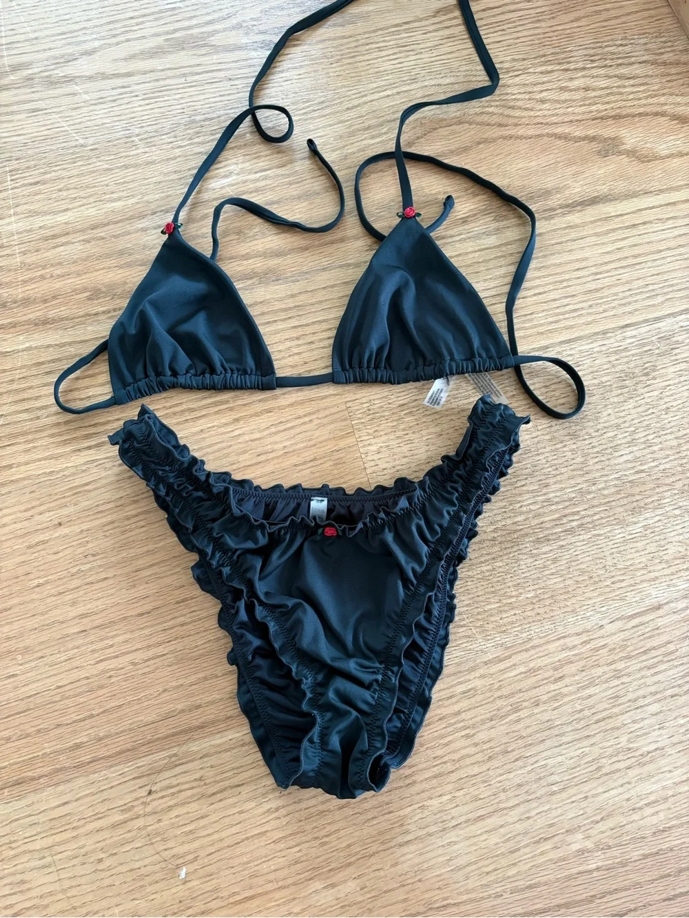 Frankie’s Bikinis Black Ruffled Bikini set